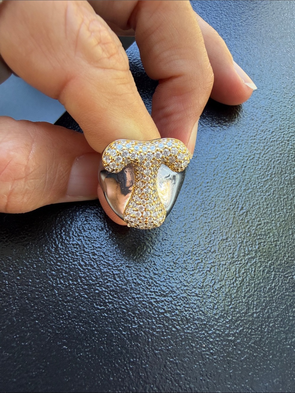 ep jewels Iced Jumbo Two Tone Gold Crystal Pavé “T” and Silver Base ring 8